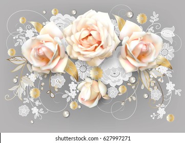 Horizontal wedding card with white roses,Dutch lace and golden leaves with 3 D effects