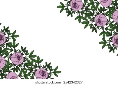 Diseño Horizontal de la Plantilla de la tarjeta de la invitación de la boda con la peonía plana del estilo y el espacio para el texto. Marco floral con espacio de copia. Frontera de flores de verano de Vector. EPS 10