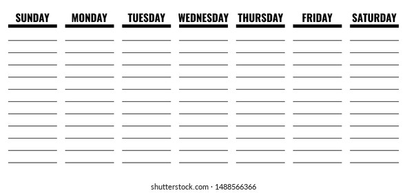 horizontal weekly planner, sunday first, printable vector illustration