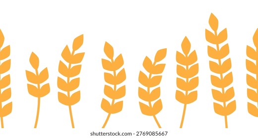 Horizontal wheat field banner landscape in gold color. Seamless agriculture crop harvest vector illustration for bread packaging wrapper. Rye, grass, straw, hay, whole grain, barley. EPS 10. 

