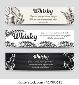 Horizontal whisky banners set. Banners vector with glasses bottles and barrel