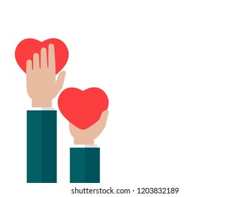 Horizontal White Background With Hands Holding Red Hearts. Charity, Philanthropy, Support, Giving, Help, Love Concept. Flat Vector Illustration. 