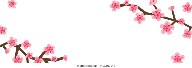 Horizontal white background with paper craft stylized blooming sakura branches, flowers and empty space. Seasonal Japanese backdrop.