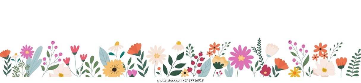 Horizontal white banner or background with beautiful colorful flowers and leaves. Spring botanical flat vector illustration on white background for wallpapers, banners, flyers, invitations, posters