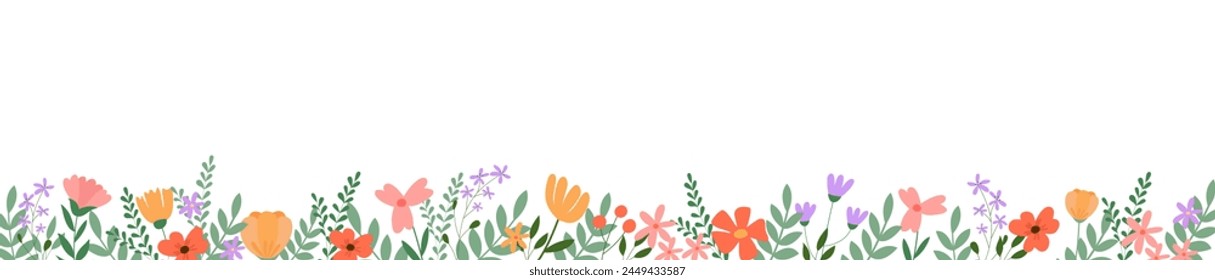 Horizontal white banner or background with beautiful colorful flowers and leaves. Spring botanical flat vector illustration on white background for wallpapers, banners, flyers, invitations, posters	