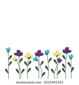 Horizontal Anuncio blanco o de fondo con hermosas flores y hojas de colores. Ilustración vectorial plana botánica de primavera sobre fondo blanco para Fondos de pantalla, Anuncios, volantes, invitaciones, carteles