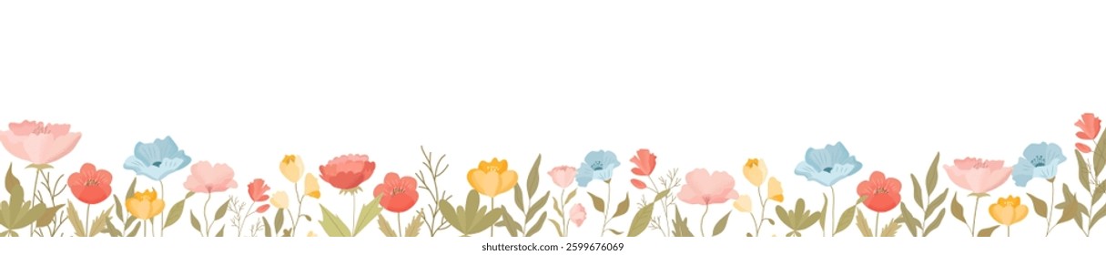 Horizontal white banner or background with beautiful colorful flowers and leaves. Spring, summer botanical flat vector illustration on white background for banners, flyers, invitations, posters	 