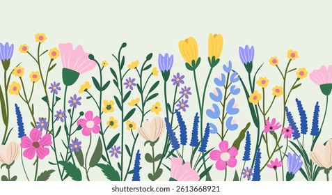 Horizontal white banner or background with beautiful colorful flowers and leaves. Spring botanical flat vector illustration on white background for wallpapers, banners, flyers, invitations, posters