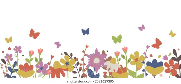 Horizontal white banner or background decorated with colorful blooming flowers and butterflies. Spring botanical flat vector illustration isolated on white background with copy space.