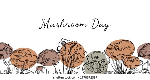 Horizontal white banner border Graphic vintage with mushrooms illustration on white background. Graphic mushrooms with color spots in trendy natural earthy tones. Vector background with mushrooms, Vin