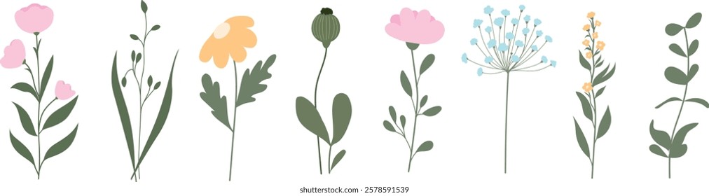 Horizontal white banner with a decorative border of vibrant multicolored flowers and lush green leaves. Elegant spring botanical backdrop in a flat vector style on a clean white background.