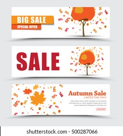 Horizontal white banner design (flyer) for sale. Template Autumn trees from which the leaves fall off and discount percentages. Vector illustration