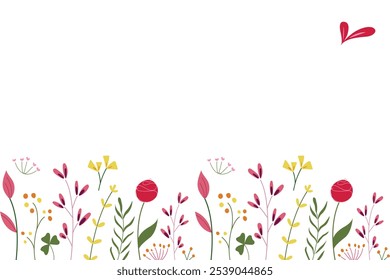 Horizontal Anuncio blanco. Ilustración botánica de verano de estilo plano aislada sobre un fondo blanco. Fondo con hermosas flores y hojas de colores.