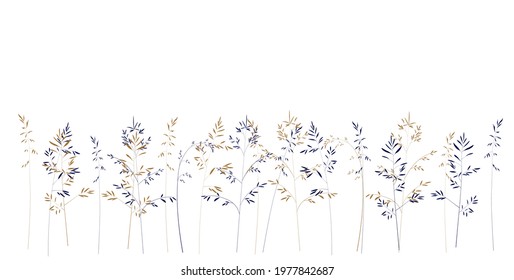 Horizontal white banner or floral backdrop. Field grasses vector stock illustration. Spring botanical. Isolated on a white background.