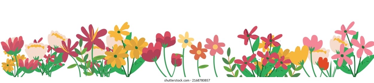 Horizontal white banner or floral backdrop decorated with beautiful multicolored blooming flowers and leaf borders. Botanical spring flat vector illustration on white background