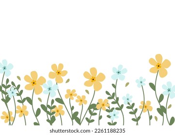 Horizontal weißer Banner oder floraler Hintergrund mit wunderschönen blühenden Blumen und Blätterrahmen. Frühlingsblumen, flache Vektorgrafik auf weißem Hintergrund