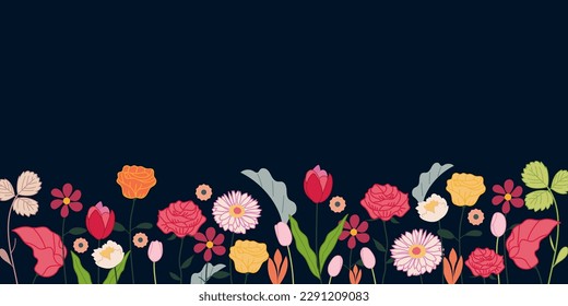 Horizontal white banner or floral backdrop decorated with gorgeous multicolored blooming flowers and leaves border. Spring botanical flat vector illustration on black background
