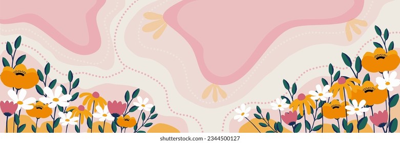 Horizontal white banner or floral backdrop decorated with gorgeous multicolored blooming flowers and leaves border. Spring botanical flat vector illustration on white background