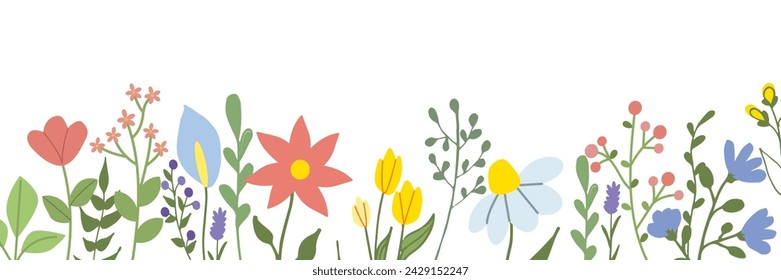 Horizontale weiße Banner oder Blumenkulisse mit wunderschönen mehrfarbigen blühenden Blumen und Blättern verziert Rand. Frühling botanische flache Vektor-Illustration auf weißem Hintergrund