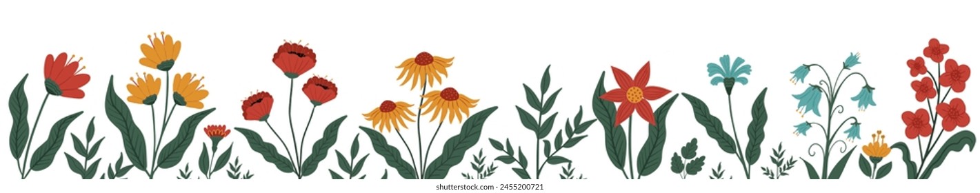 Horizontal white banner or floral backdrop decorated with gorgeous multicolored blooming flowers and leaves border. Spring botanical flat vector illustration on white background