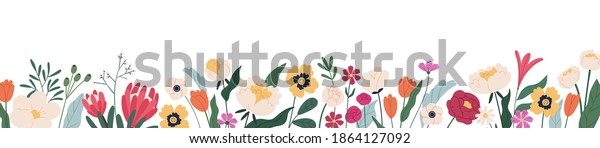 Horizontal\
white banner or floral backdrop decorated with gorgeous\
multicolored blooming flowers and leaves border. Spring botanical\
flat vector illustration on white\
background