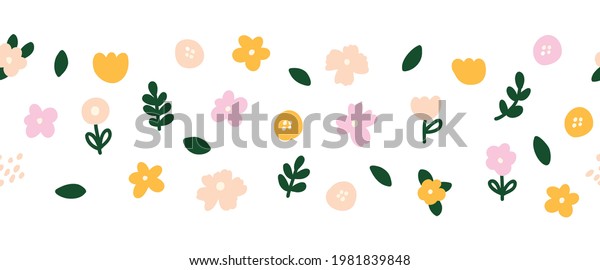 Horizontal white banner or floral backdrop\
decorated with multicolored blooming flowers and leaves seamless\
border. Spring botanical flat vector illustration on white\
background Scandinavian\
style.