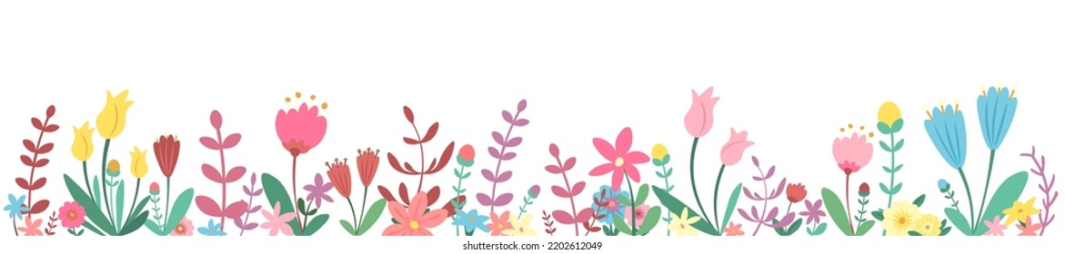 Horizontal white banner or floral background decorated with gorgeous colorful blooming flowers and leaves. Spring botanical vector illustration isolated on white background