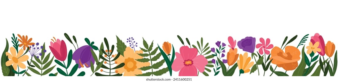 Horizontal white banner or floral background decorated with gorgeous colorful blooming flowers and side leaves. Spring botanical vector illustration on white background