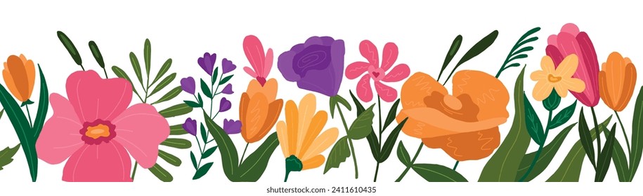 Horizontal white banner or floral background decorated with gorgeous colorful blooming flowers and side leaves. Spring botanical vector illustration on white background