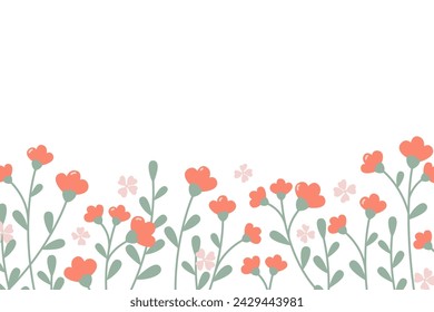 Horizontal white banner with flowers along the bottom edge. Spring botanical flat vector illustration on white background