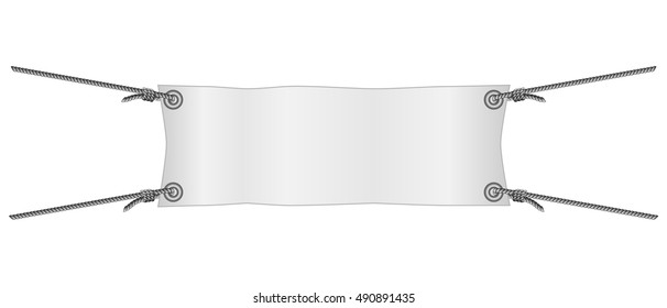 Horizontal white banner with ropes attached to each corner, vector illustration