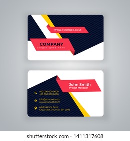 Horizontal white and black business card with front and back presentation.