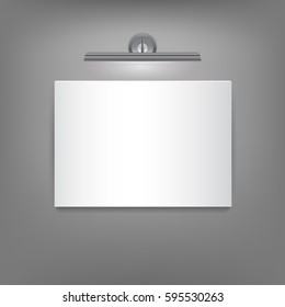 Horizontal white canvas with backlight on a gray wall. Template for your design, business presentation, placards, photos. Vector eps 10.