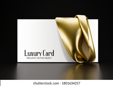 Horizontal white card with a drapery of gold fabric. Vector 3d illustration. Template for presentation, advertising.
