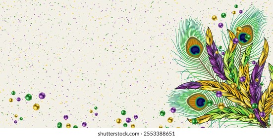 Horizontal white carnival banner, poster with empty copy space, scattered beads, bunch of colorful feathers right. White speckled background. Ticket, invitation design for Mardi Gras carnival, party