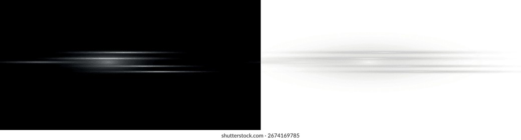 Horizontaler weißer Lichtstrahl mit weicher Unschärfe und Glüheffekt auf transparentem Hintergrund. Ideal für Overlays, Web-UI,
