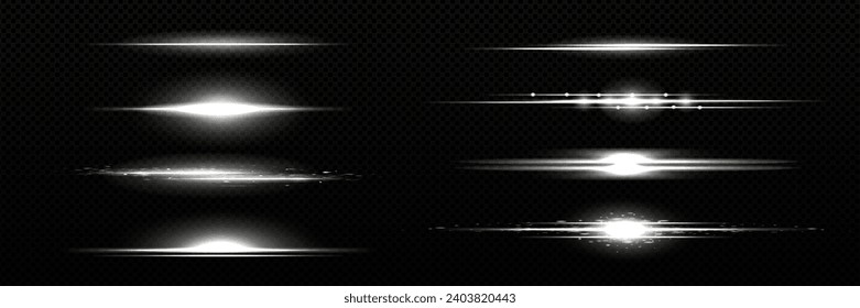 Horizontal white light line with fade effect. Realistic vector illustration set of glow flare burst with beams. Neon flash strip with sparkle on transparent background. Magic shiny shimmer with