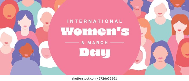 Un Horizontal fondo amplio con un equipo femenino multinacional mirando hacia adelante, celebrando el Día Internacional de la Mujer.
