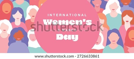 A horizontal wide background with a multinational female team facing forward, celebrating International Women's Day.