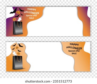 Horizontal wide banners, mockup, template for Halloween sale and advertising with place for text, copy space. With gift bag and bats