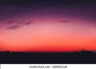 Horizontal Wide Blurred Mountain Bright Orange With Pink Sunset, Starry Night Sky Background - Night Sky Colors