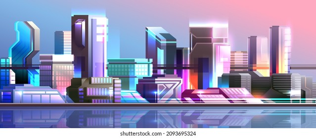 Ilustración panorámica horizontal de una ciudad futurista. Colorida metrópolis del ciberpunk.