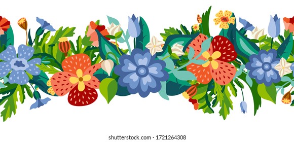 Horizontal wild flower seamless border in flat style. Meadow herbs isolated on white background. Decorative botanical vector illustration