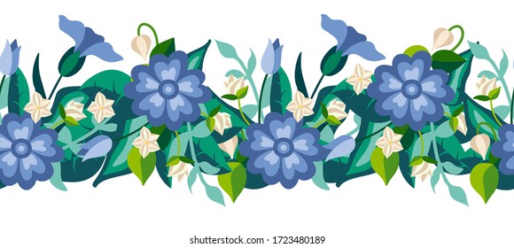 Horizontal wild flower seamless border in flat style. Meadow herbs isolated on white background. Decorative botanical vector illustration.