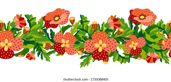 Horizontal wild flower seamless border in flat style. Meadow herbs isolated on white background. Decorative botanical vector illustration.