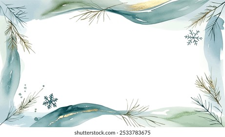 Horizontal winter background with fir branches, watercolor strokes, gold and empty space. Christmas card in pastel colors.