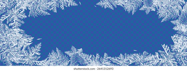 horizontal winter background with frost-covered window. Snow frame. A frozen window. Ice on the glass. Frost on the glass. Abstract Christmas background with snow and snowflakes. Frosty ice.