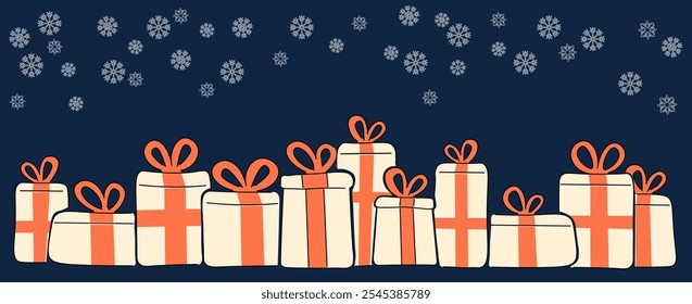 Horizontal winter background with gift boxes in doodle style in vector. Template for decoration postcards poster background backdrop wallpaper banner