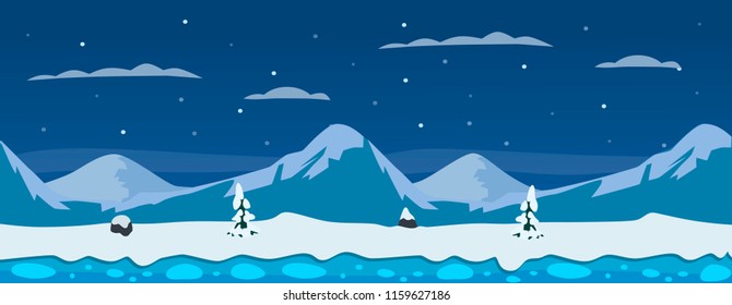 Horizontal winter background with mountains, snow, ice and pine trees.