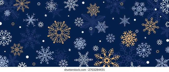 Horizontal fondo invernal con copos de nieve en diferentes Formas y formas. Adorno de Festiva. Ilustración vectorial plana. Ideal para el Anuncio, el Fondo de pantalla, la cubierta